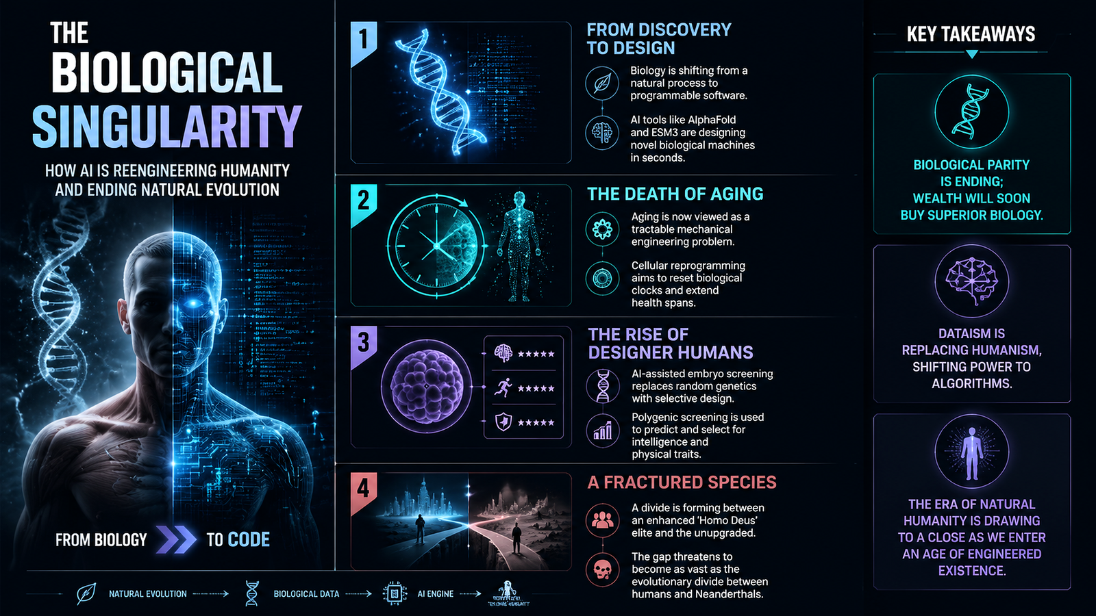 Biological singularity infographic showing DNA, AI systems, longevity engineering, designer humans, and societal fracture